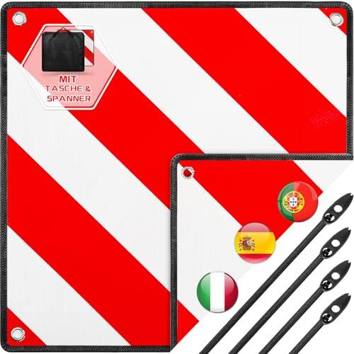 Warmfay 3 In 1 Warntafel für Italien Spanien und Portugal, Aluminium Rot Weiß Reflektierend Warnschild 50x50cm inkl. Tasche & Spanngurten, Wetterfest für Fahrradträger Heckträger Wohnmobil