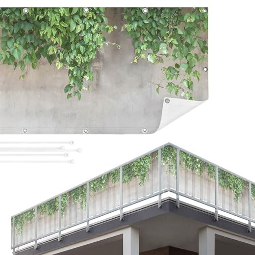 Balkon Sichtschutz Blätter 90 x 400 cm inkl. Kabelbinder Wetterfest Blickschutz Balkonverkleidung Balkonbespannung Sonnenschutz Balkongeländer Windschutz Terrasse Garten Deko Ideen Grün TEXBS_1120