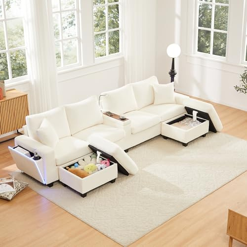 Ktipm Sofa de 4 Plazas Modular en Forma de U, Sofa para Salon con LED y USB, Sofas de Salon con 2 Taburetes Almacenaje y Portavasos, Lámpara de Lectura, Sofá de Pana, 334x128.5x81 cm, Beige