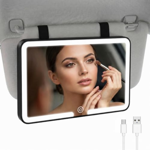 Car Vanity Mirror with Lights, Rechargeable Makeup LED Vanity Mirror for Car Sun Visor, 70 LEDs, 3 Colour Modes & Touch Dimming, Cars Interior Accessories for Women, Universal Fit(Black)