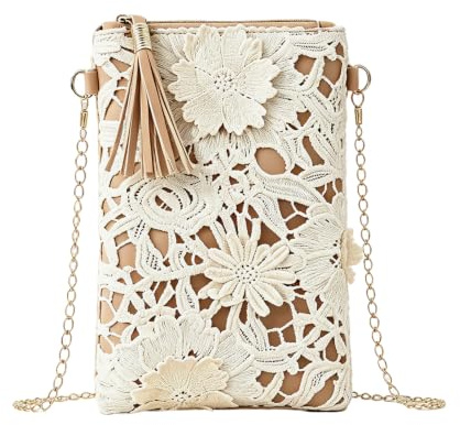 BSITSSS Crossbody Bag,Cut-Out Weave Flowers Cross Body Bag Women with Zipper, Leather Brown Mobile Phone Beach Bags with Metal Chain for Ladies Summer Beach Holiday Travel Dating