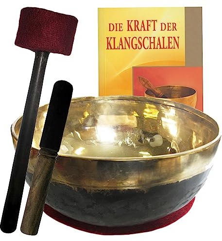 Fuß-Klangschale für Fußmassage Damen-Schuhgröße 36+37 & Buch. Bengali Fußreflexzonen-Klangschale, Therapie-Qualität ca.4200-4600g, 35-36cm mit Kissen, Holz-Leder-Reibe- & Therapie-Klöppel. 70016