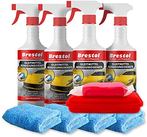 BRESTOL® Reinigungsknete Set6 200 g Knete rot stark + Box + 4x 750 ml Spezial GLEITMITTEL + 4x Poliertuch - Polierknete Lackknete Clay-Bar Auto-Lack-Knete - entfernt Baumharz Insekten u.v.m.