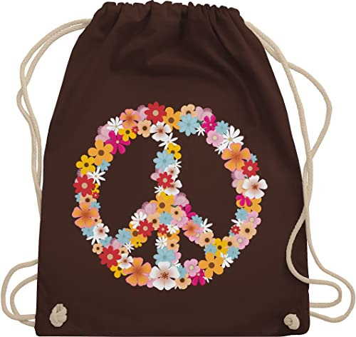 Turnbeutel Rucksack - Sprüche Statement - Peace Flower Power Hippie Peace Zeichen I Friedenszeichen I 90er I 70er - Unisize - Braun - festival turnsack mit aufschrift 90s beutel sportbeutel retro