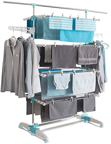 IDMarket - Séchoir à Linge Vertical Pliable 4 Niveaux Optimum capacité 30M avec Tringle télescopique Blanc et Bleu