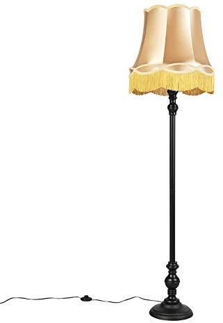 Qazqa classic-antique Stehleuchte mit Schirm, Stehlampe - Classico - Schwarz Gold, Holz, max. 40W, Geeignet für LED, 166cm, Ideal als Küche lampe, Schlafzimmerlampe und Wohnzimmerlampe
