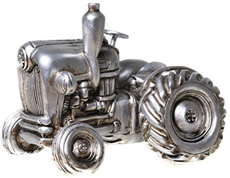 Udo Schmidt Spardose Traktor Antik Silber - Lustiges Sparschwein Auto Figur Deko - Geschenk für Führerschein Urlaub - Handbemalt Polyresin 12x15x11cm - Mit Schraubverschluss