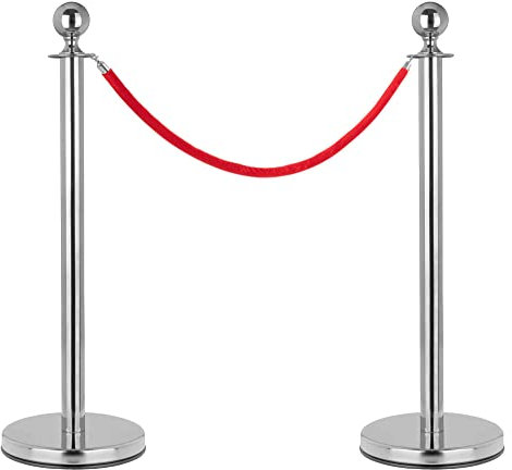 Stagecaptain PLS-150 Deluxe 2.1-200S Absperrständer Personenleitsystem - 2 Edelstahl-Stative und 1 rotes Seil mit 2,0m Länge - Für Konzerte, Ausstellungen, Hotels, Kinos u.v.m. - silber