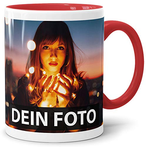 Foto-Tasse zum selbst gestalten mit Foto und Text/mit individuellen Druck in Profiqualität/Personalisierte Geschenk-Idee mit Bild/Rot