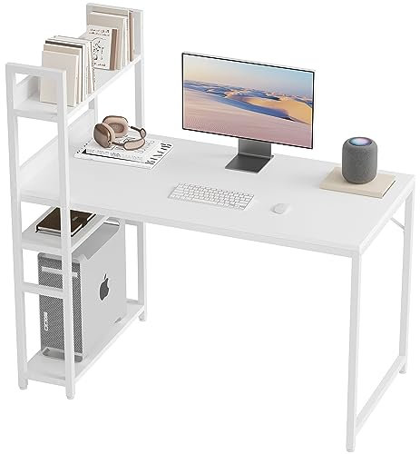 CubiCubi Computer Desk with 3 Tier Storage Shelves on Left or Right, 120 x 60 cm Study Writing Table with Bookshelf for Home Office, Modern Simple Style, Steel Frame, White