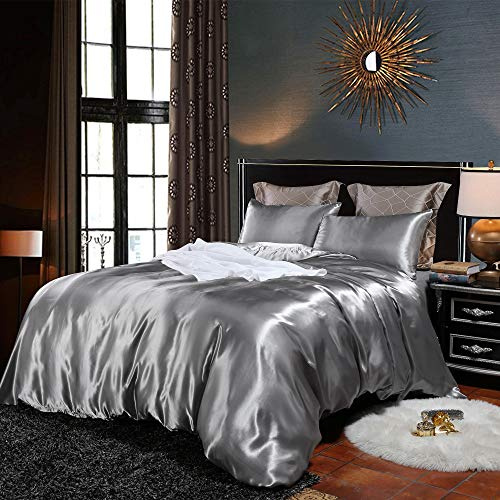 Duvet Cover 1 Piece - Ultra Soft Silky Satin Hotel Collection - Comforter Cover with Button Closure & Corner Ties, King/Cal King, Dark Grey