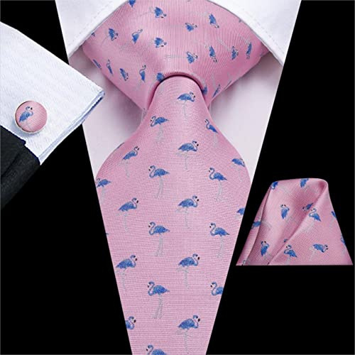BAJIE Herren Krawatte Flamingo Bedruckt Seide Herren Krawatte Einstecktuch Manschettenknöpfe Set Cartoon Blume Große Herren Krawatte Geschenk Herren Jacquard Gravata