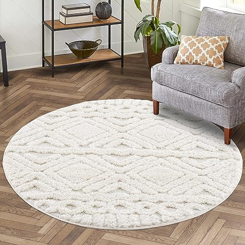 carpet city Teppich Wohnzimmer Hochflor Creme - 200 cm Rund - Rauten Hochtief-Muster, 3D-Effekt - Bettvorleger Schlafzimmer Teppiche Boho, Skandi