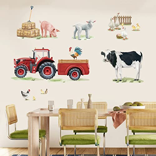 wondever Wandtattoo Bauernhof Kinder Wandsticker Traktor Rot Kuh Schaf | Abziehen und Aufkleben, Abziehbar, Wandaufkleber Selbstklebend für Kinderzimmer Babyzimmer Schlafzimmer Wanddeko