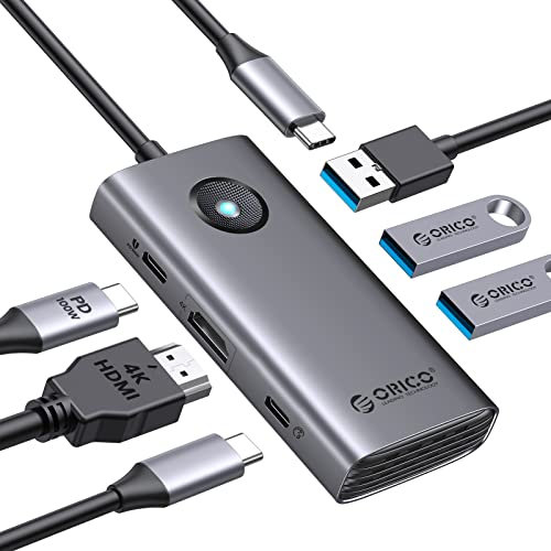 ORICO Docking Station, 6 in 1 Hub USB 3.0 Con HDMI 4K, PD100W, 3 USB-A, 1 USB-C, Adattatore MultiPort Per MacBook/Dell/HP/Surface/Lenovo