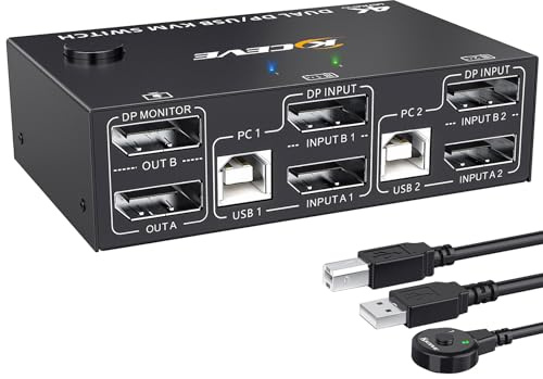 YOUTINGHDAV KVM Switch 2 PC 2 Monitore Displayport, Dual Monitor KVM Switch Displayport für 2 PC Teilen 4 USB Geräte Tastatur, Maus, 4K@144Hz, mit Wired Remote
