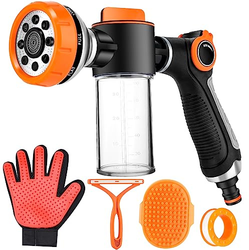 KSSZZCO Upgrade Hundewaschschlauchaufsatz, 8 Sprühmuster Welpe Hund Waschstrahl mit 3,5 oz 100 cc Seifenspender, Hundewaschhandschuhe, Hundebadebürste, geeignet für Bewässerung von Pflanze, Terrasse,
