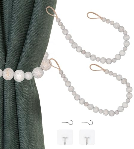 OCIOLI 4 Stück Holzperlen Vorhang Raffhalter Boho Vorhang Raffhalter Vorhang Halter für Wand Bauernhaus Vorhang Raffhalter Vorhang Raffhalter mit Haken Gardinenhaken (4, Weiß Gewaschen)