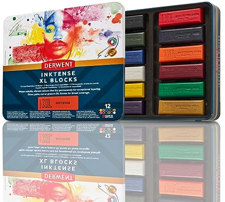 Derwent Inktense XL Farbblock, 12er-Set Malstifte, 60 mm, extrabreite Farbstifte, wasserlöslich, ideal zum Skizzieren, Zeichnen, Profi-Qualität, in Stiftbox, 2306162