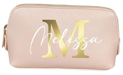 AWASG Kosmetiktasche Buchstabe Monogramm - Personalisiert mit Name - Schminktasche Beauty Bag für Make-up - Kunstleder M (18x11x4.5 cm) (rosa)