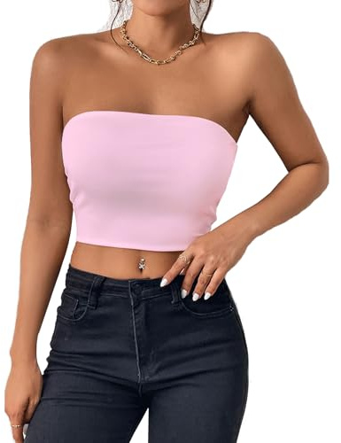 Btofellin Vest Womens Plain Boob Tube Strapless Bandeau Stretchy Basic Summer Vest Crop Top Casual No Padded Tube Bra Sexy Solid Tops Basic Backless Sleeveless Bandeau Pink