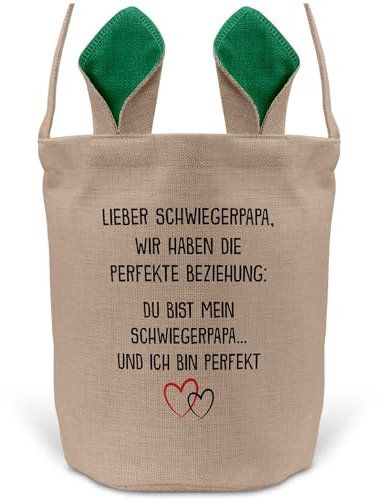 22Feels Schwiegerpapa Osterkorb mit Henkel Ostergeschenk Tragetasche Ostern Deko Osternest Körbchen Hasenohren (Beige/Grün)