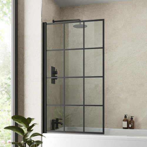 Baystone® 1400 x 800mm Black Square Grid Over Bath Shower Screen Door 180° Pivot Bathroom Hinged Framed Bath Screens 6mm Clear Toughened Safety Glass Panel
