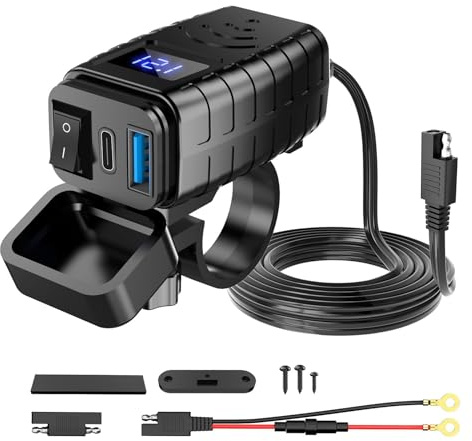 Lhdfyqt Dubbel USB motorcykel telefonladdare, motorcykelladdare, snabbuppnare adapter, uttag, QC3.0 PD, Type-C & USB, med oberoende brytare och LED-voltmeter