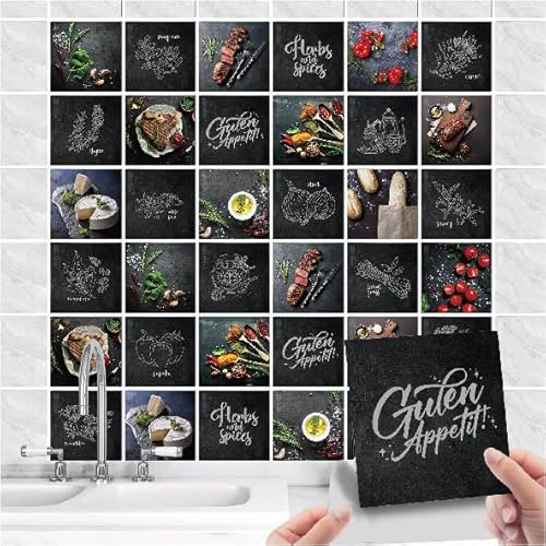 36 Stück Fliesenaufkleber Küche Selbstklebende - Küchenrückwand Fliesenfolie PVC mit Kaffee Spruch - Wasserdicht Ölfest Fliesensticker für Wand-fliesen Schrank Dekorative (Essen, 10x10cm)