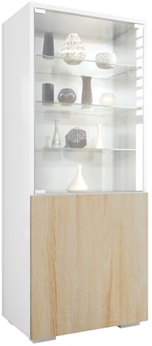 Vitrine Granada, Made in Germany, Vitrinenschrank mit Glastür und Glaseinsatz, Weiß matt/Eiche sägerau (50 x 122,5 x 34,5 cm)