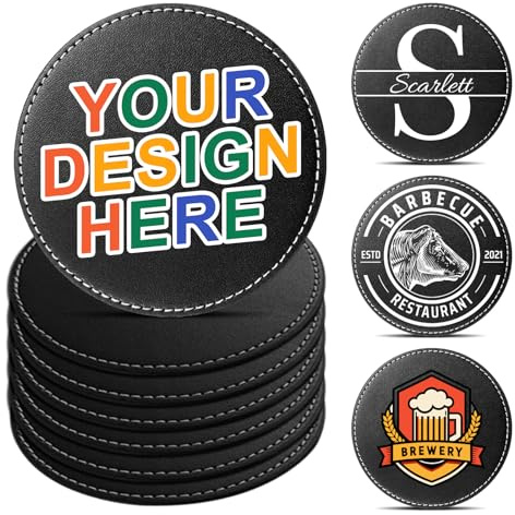 Personalisierbare Leder-Untersetzer – Set mit 6 Stück | DIY Name, Foto oder Logo Untersetzer für Couchtisch, Bar, Bier, Wein | Ideales Einweihungsgeschenk, Schwarz