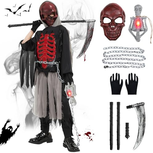 Joellfuner Costume da Mietitore di Halloween, Ragazzi Skull Reaper Costume con Teschio Lanterna, Guanti, Catena in Vita e Falce, Bambino Morte Costume da Scheletro per Halloween Carnevale (M（7-9）)