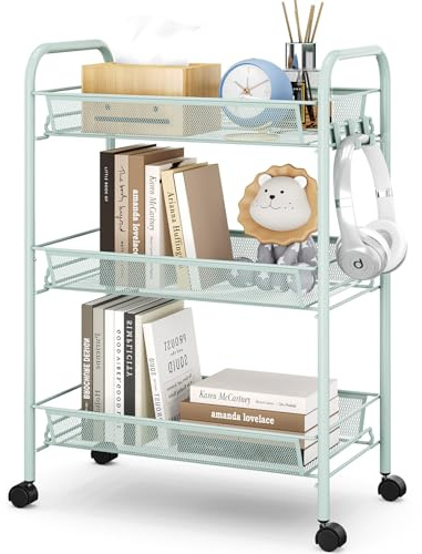 APEXCHASER 3-Tier Rolling Cart,Easy Assemble Mobile Storage Trolley On Wheels,Slide Out Utility Cart Shelving Units Kitchen Bathroom Laundry Room,Green