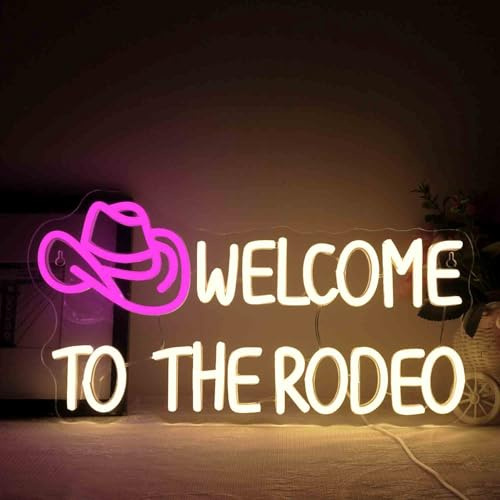 Ineonlife Welcome To The Rodeo Panneau Néon, Chapeau de Cowboy Néon pour Décoration Murale, Lumières Rose Blanc Chaud, Signes Lumineux USB à Led Dimmables pour Décoration de Salon Cave de Homme