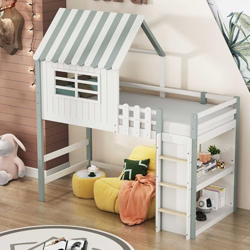 NIUAWASA Multifunktionsbett Kinderbett, Massivholzbett 90x200 cm, Hoch und Niedrig Bett Heimbett Dachform mit Sicherheitsleiter Ablagefach Lattenrost für Jungen und Mädchen Grün-Ohne Matratze