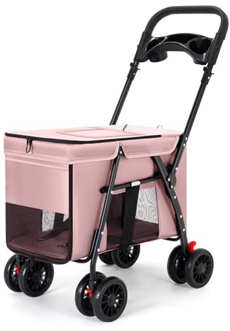Hundebuggy für Mittelgroße und Große Hunde, 4-Rad-hundewagen, Hundebuggy Bis 30kgtragbar, Zusammenklappbar(Pink)