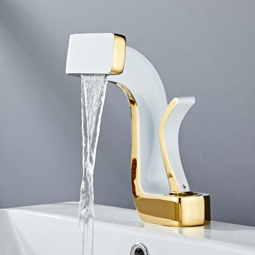 MocArt 2240 Wasserfall Wasserhahn, Waschbecken Warm und Kaltwasserhahn, Badezimmer Mischbatterie, Keramikventilkern, Messingmaterial, Kreatives Design (Weiß + Gold)