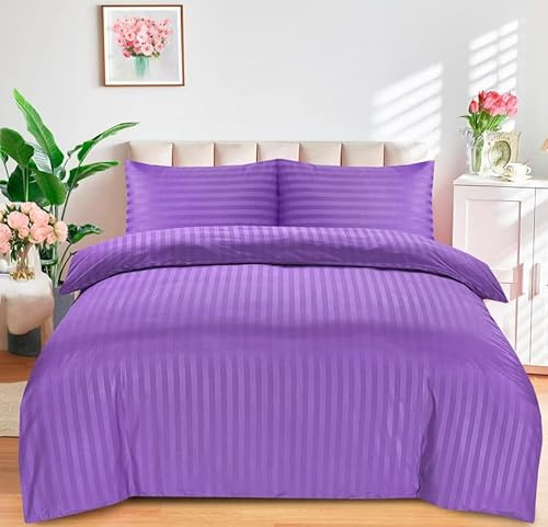 DTEX HOMES King Size Bedding Set Brushed Microfiber Satin Stripes Easy Care Duvet Cover with Pillowcases (Purple-King)