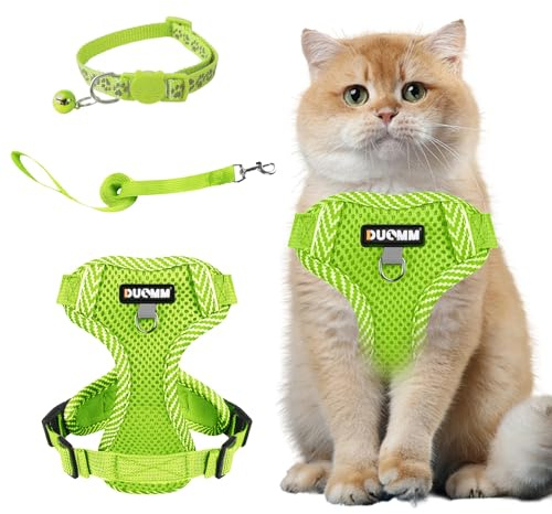 Muecleao Katzengeschirr mit Leine Ausbruchsicher, Katzenleine mit Geschirr für Katzen, Verstellbares Katzengeschirr Katzenhalsband mit Reflektierenden Streifen für Outdoor (Fluoreszierendes Grün, L)