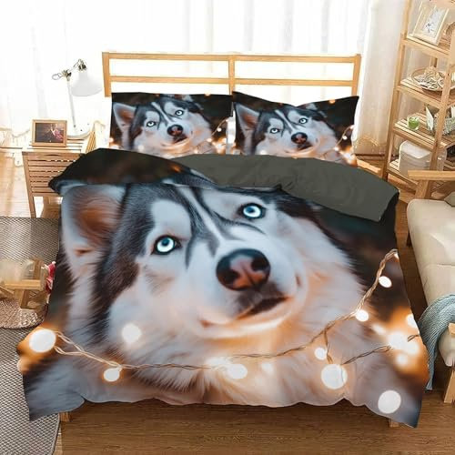 JEDTAKCT Reversibel Bettwäsche 135X200Cm Husky Warm Weiche Bettwäsche Set Weihnachten Microfaser Naturtiere Bettbezug Kissenbezug 80X80Cm Mit Reißverschlusswendebettwäsche Warme Kissenbezug