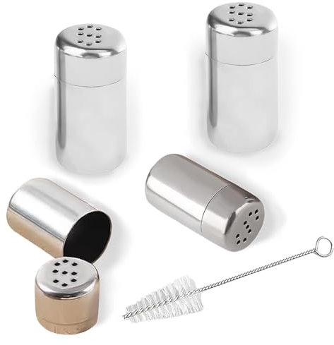 RHQFDM 4 Pieces Mini Salt and Pepper Shakers,Small Metal Spice Shaker Set,Portable Chili-Powder and Cumin-Powder Shaker with Cleaning Brush,for use in Kitchens,School Canteens,and Outdoor Barbecues