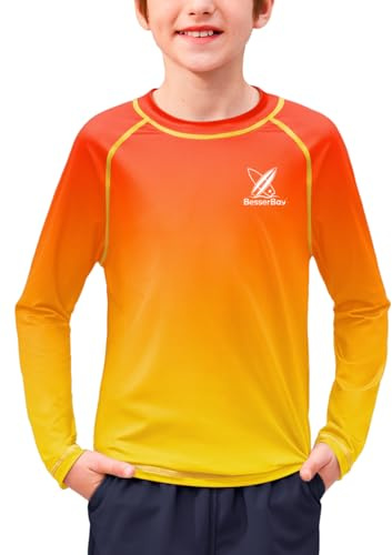 BesserBay Boy Long Sleeve Rash Guard Sun Protection Swim Shirt Crew Neck Swimming Top Orange Yellow Gradient 9-10 Years