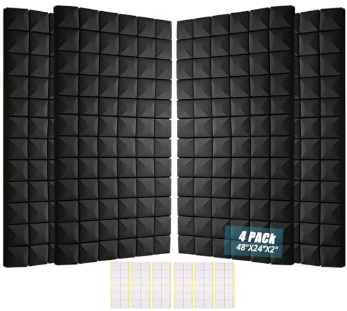 HWLIYUTAI Acoustic Foam Panels 4 Pack 48x24x2 - High Density Soundproof Foam Wall Panels for Noise Reduction, Studio Walls, Home Theater & Office (Black 4 Pack, 48 x 24 x 2)