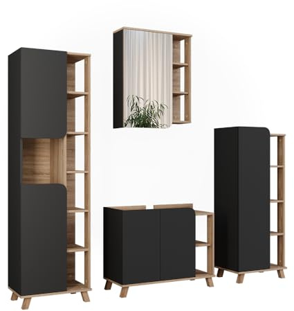 Vicco Badmöbel-Set Karen, Sonoma/Anthrazit, 80 cm | besteht aus Waschbeckenunterschrank, Spiegelschrank, Hochschrank und Midischrank