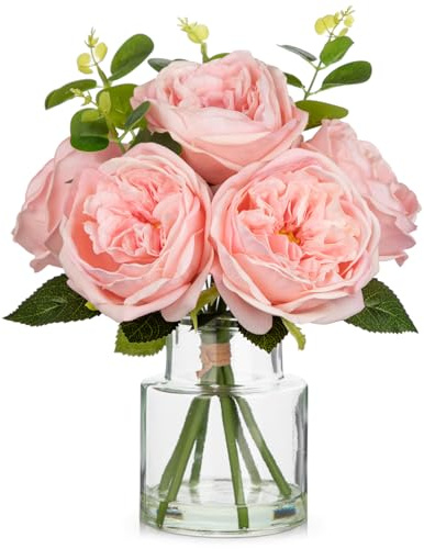 Oairse Artificial Pink Rose Flowers in Glass Vase with Faux Water Faux Flower Arrangement for Table Centrepiece Realistic Silk Rose in Clear Glass Pot for Home Office Kitchen Bathroom Wedding Decor