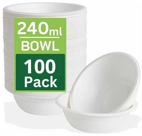 100 Pack Strong Paper Bowls 240ml - Small Disposable Compostable Bagasse Bowl for Dessert, Party – (4.5 x 1.77 inches) Biodegradable Microwavable Soup Bowls - Idea for Dessert Milk Salad Cereals