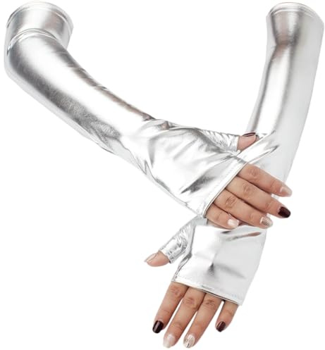 CALFOVERA sans Doigts en Cuir Synthétique Métallisé Brillant Argenté Longs et Extensibles Style Punk Gothique pour Femme et Fille Idéal pour Halloween Fête Costumée Ou Cosplay.