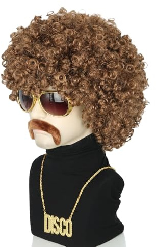 CGVG 4er Afro Perücke Set Herren Männer Afro Perücke mit Sonnenbrille Schnurrbart Halskette 70er 80er Jahre Vokuhila Disco Hippie Outfit für Karneval Halloween Fasching (Hellbraun)