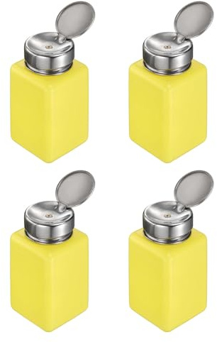 sourcing map 4pcs Solvent Alcohol Dispenser 180ml(6oz) Nail Polish Remover Push Down Liquid Dispenser Pump Bottle with Stainless Steel Press Head for Acetone Solution, Yellow