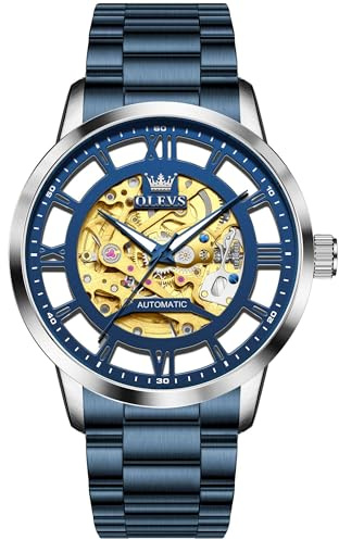 OLEVS Automatikuhren für Herren, 43 mm, Skelett, großes Zifferblatt, 3 Zeiger, selbstaufziehend, Edelstahl, luxuriös, mechanisch, wasserdicht, leuchtende Armbanduhr, Geschenk